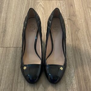 Tory Burch Black Wedge Heels — Small Gold Emblem
